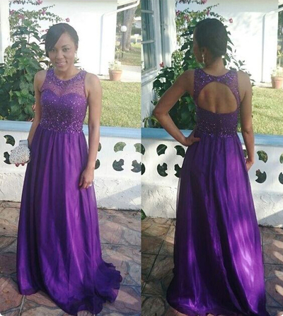 Purple Backless A-line Beaded Crystal Sequins Long Organza Prom Evening Dress E135