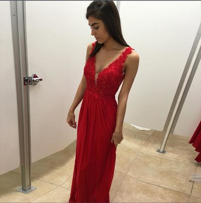 Elegant Deep V Neck Long Prom Dresses with Appliques