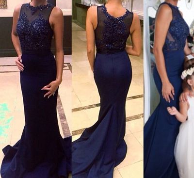 Navy Blue O-neck Long Lace Beaded Mermaid Prom Evening Dress E192