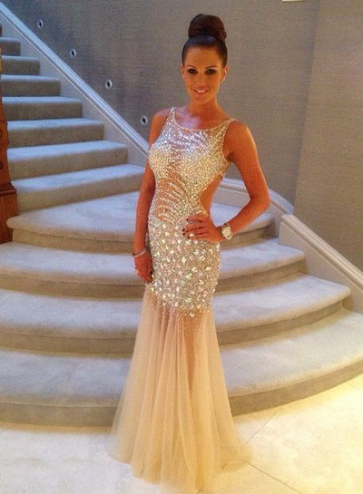Sparkly O-neck Long Rhinestones Beaded Sequins Mermaid Prom Party Dress E199