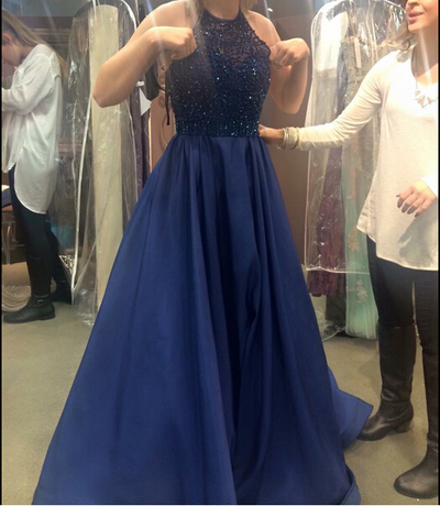 Navy Blue A-line Halter Backless Long Satin Beaded Crystal Prom Evening Dress Plus Size E261