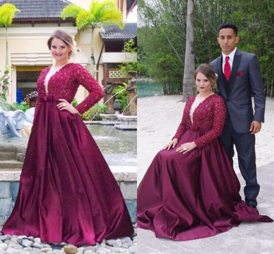 Plus Size Long Sleeves Lace Pearls A-line Satin Prom Evening Gown Dresses E262