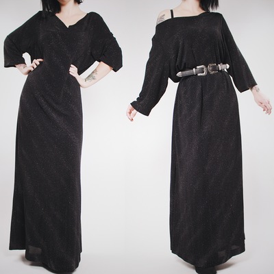 CLAIMED @bananacharm - Vintage 80s Black Glitter Galaxy Jersey Gown
