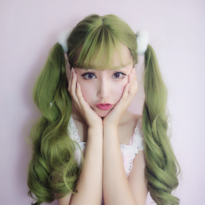 Harajuku Air Bang Green Long Curly Cosplay Wig