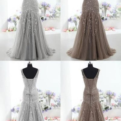 Luxurious silver/gray mermaid prom dresses with beaded - Thumbnail 5