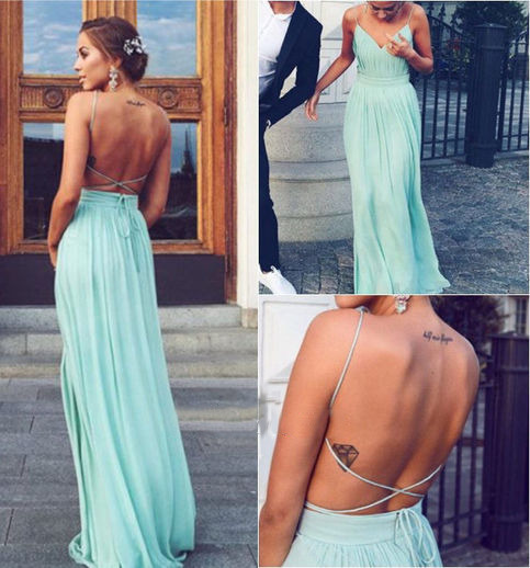 Green backless long prom dress,simple chiffon evening dresses,formal dresses