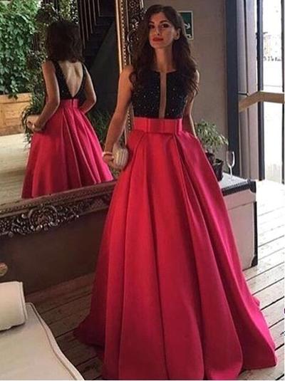 Black and Fuchsia Backless A-line Satin Sequins Prom Evening Dress Long E348