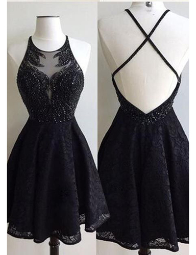 Black Halter Backless Short Lace Beaded Crystal Party Homecoming Dresses Knee Length H01