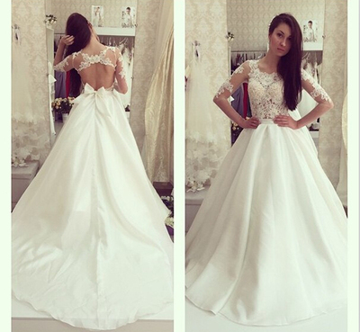 Spaeical Open Back Long Sleeves Wedding Dresses Bridal Gowns with Appliques