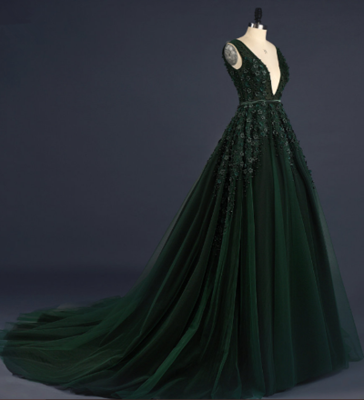 Z198 Dark Green Deep V-Neck Appliques Sexy Custom Made Charming Prom Dress,Prom Dresses