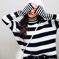Turle Neck Striped Long Sleeved Knitted Sweater - Thumbnail 3