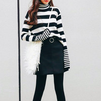 Turle Neck Striped Long Sleeved Knitted Sweater - Thumbnail 4