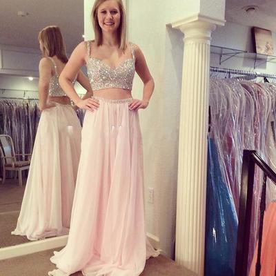 white pink prom dress, long prom dress, cheap prom dress, chiffon prom dress, two pieces prom dress, BD14517