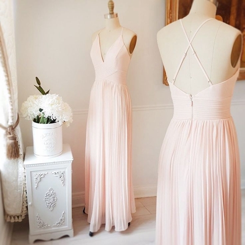 Simple light pink v neck long prom dress,pink evening dresses