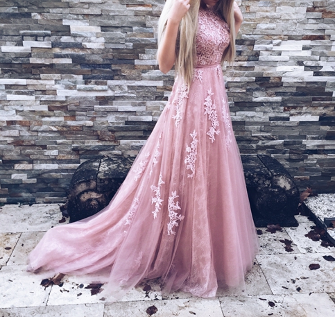 Custom made pink tulle lace long prom dress,pink evening dresses