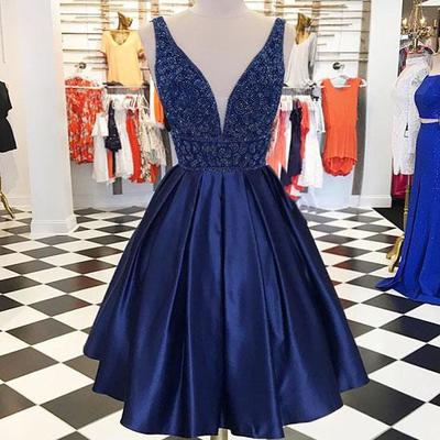 Dark blue v neck short prom dress, homecoming dress - Thumbnail 4