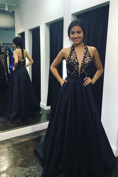 Halter Black Long Prom Dresses with Appliques