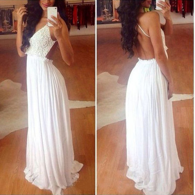 Spaghetti straps white long prom dresses  - Thumbnail 5