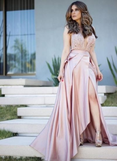 Sexy prom dress, pink prom dress, modest prom dress, V -neck prom dress, prom dresses, PD17671