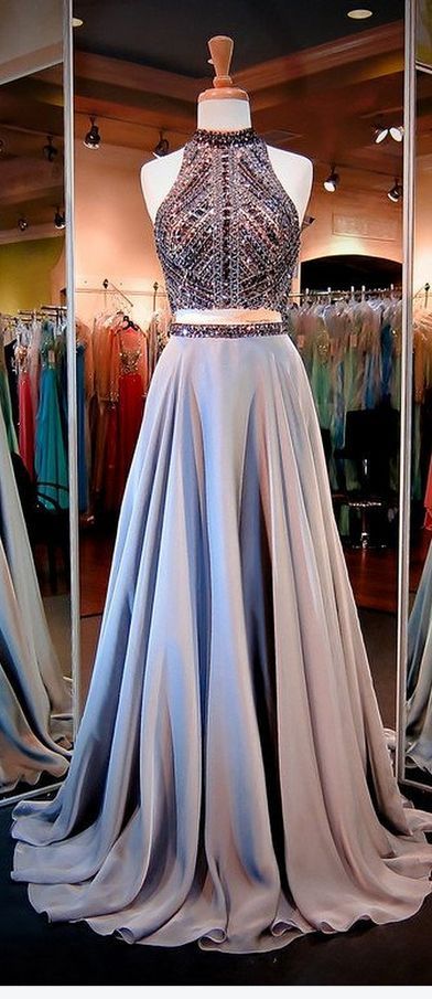 Glamorous Two Piece High Neck Open Back Long Prom Dress with Beading,PD3900462