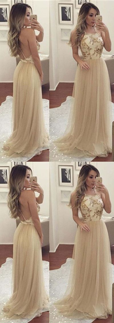 Champagne Spaghetti Appliques Tulle Prom Dresses, Long A-line Prom Dresses,Evening Dresses,PD3900454