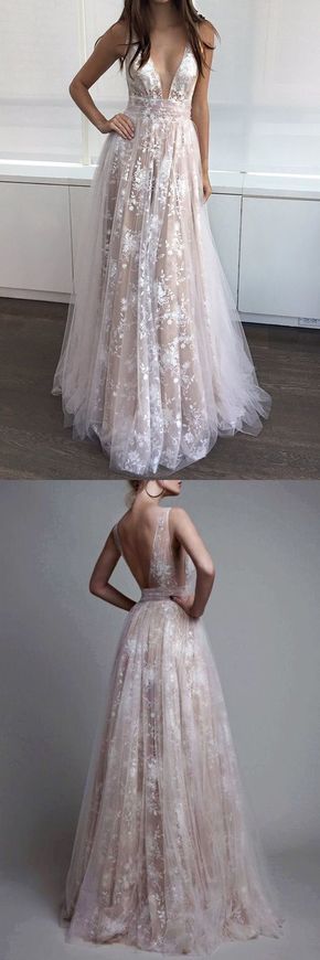 2017 A-Line Deep V-Neck Tulle Lace Appliques Floor-Length Long Sexy Party Prom Dresses,PD3900433