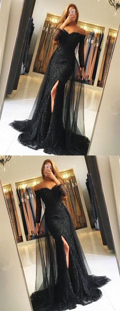 Elegant Off The Shoulder Lace Mermaid Evening Dresses With 3/4 Sleeves,PD3900427