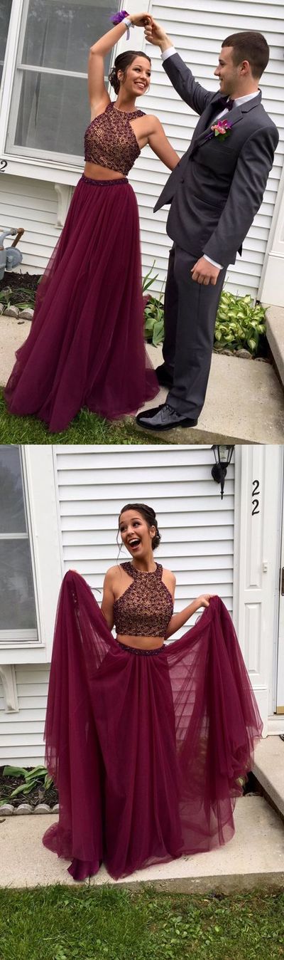 Unique Two-Piece Burgundy Tulle Long Prom/Evening Dress with Beading prom,prom dress,prom dresses,prom gown,prom gowns,long prom dresses,PD3900416