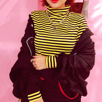 Free Shipping Vintage Turtle Neck Stripe Long Sleeve T-shirt - Thumbnail 1