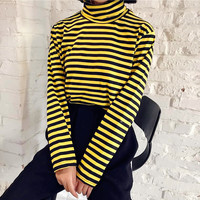 Free Shipping Vintage Turtle Neck Stripe Long Sleeve T-shirt - Thumbnail 2
