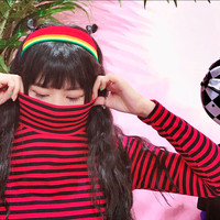 Free Shipping Vintage Turtle Neck Stripe Long Sleeve T-shirt - Thumbnail 3