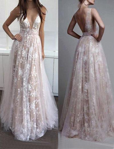 lace prom dress, long prom dress, v-neck prom dress, 2017 evening dress, charming prom dress, BD23002