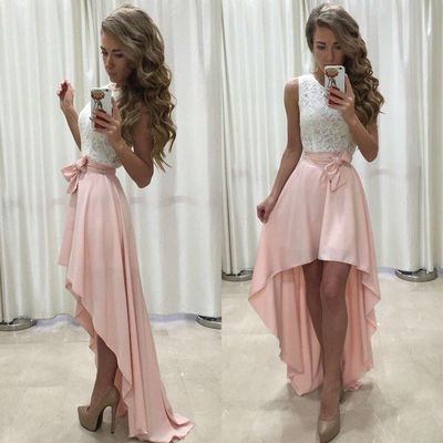 White and pink high low prom dress, lace evening dress