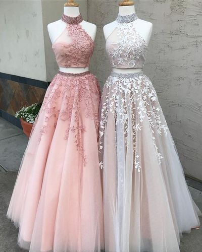 Two Piece Long Prom Dress, Pink Long Prom Dress