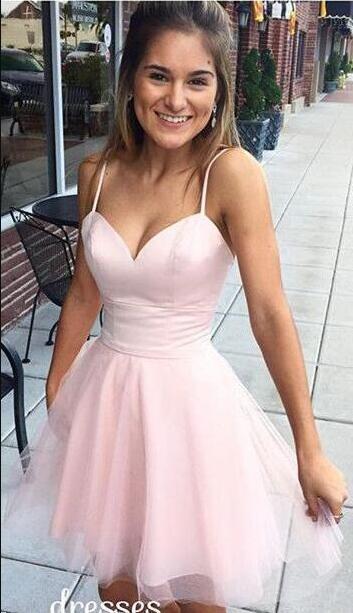 Spaghetti Strap Tulle Cute Pink Homecoming Dress A line Graduation Dress
