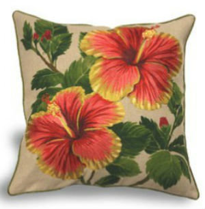 "RED/YELLOW HIBISCUS" Cotton/LINEN Embroidered Pillow Cover!