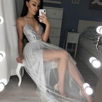 Silver spaghetti straps long prom dresses  - Thumbnail 5