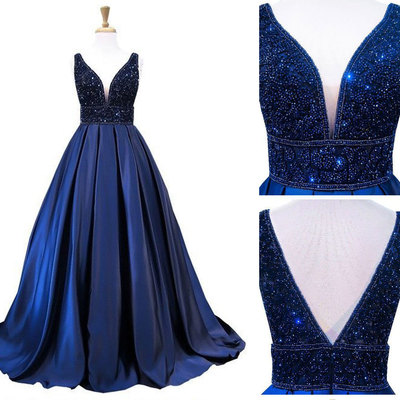 Sparkly v neck royal blue long prom dresses - Thumbnail 5