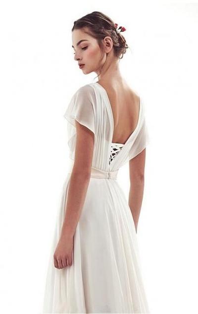 Lace-up Simple Short Sleeves A-line Vintage Wedding Dress