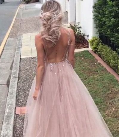 Deep V Neck Backless Prom Dresses with Beaded