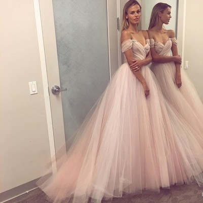 Light pink A line off shoulder tulle long prom dress, evening dress