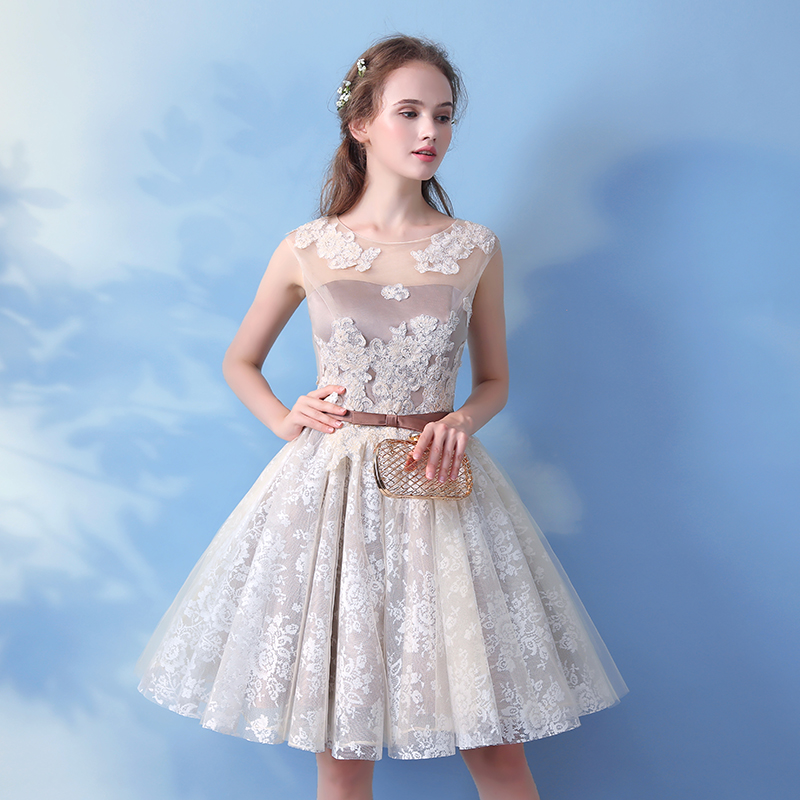Champagne lace short prom dress, lace evening dress