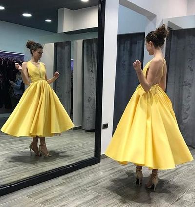 Criss Cross Yellow Ankle Length Prom Dresses