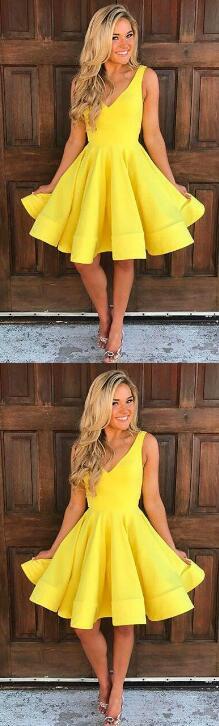 Simple V Neck Sleeveless Yellow Short Homecoming Dress Prom Dress