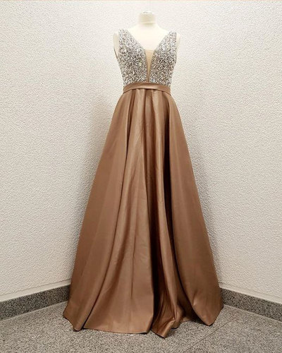 Sparkly Sequined V Neck Long Prom Dresses