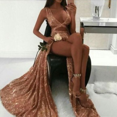 Sexy gold sequined split side prom dresses - Thumbnail 5