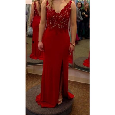 Sexy v neck split side red prom dress evening gowns with appliques - Thumbnail 5