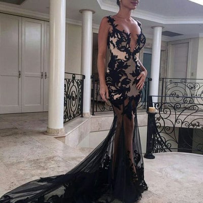 Elegant mermaid long prom dresses with appliques lace - Thumbnail 5