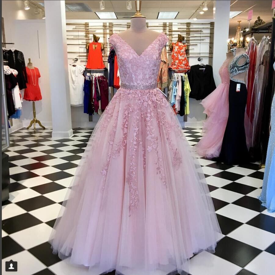 Pink lace v neck tulle long prom dress, lace evening dress