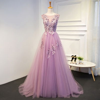 Light purple lace tulle round neck long prom dress, lace evening dress